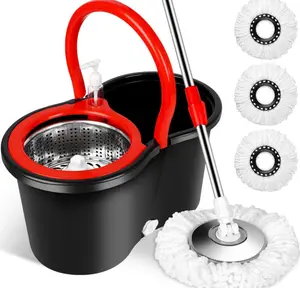 Power Spin Mop and Bucket Set, Heavy-Duty 360° Wringer System with 3 Reusable Mop Pads & 55" Extension Handle for Deep Cleaning on Tile, Hardwood, and Laminate Floors