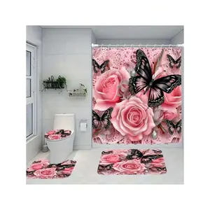 1/4Pcs Waterproof Butterfly Faux Pearl Rose Print Bathroom Shower Curtain Sets, Including Anti-Slip Bathroom Mat, Toilet Seat Cover, Bath Mat And Bathroom Accessories With 12 Plastic Hooks, Ideal For Bathroom, Home And Room Decor