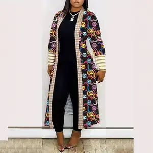 Women's Black Fashion Style Casual Printing Long-sleeved Splicing Medium and Long Cardigan Jacket Women's Clothing
