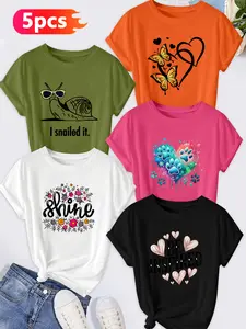 5-Pack Women's Crew Neck T-Shirts, Snail, Butterfly & Paw Print / "shine" Slogan Set, Multiple Colors Available, Machine Washable, Spring & Summer Top, Soft Skin-Friendly Fabric, Daily Versatile, Fashion Design
