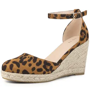 BLISSFUL STEP Platform Espadrilles Closed Toe Cheetah Wedge Heel Sandals Wedges for Women