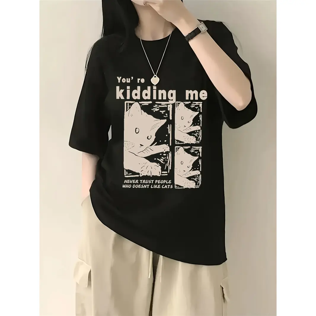 Women's Funny Cat Graphic Tshirt - Oversized Crewneck Short Sleeve Baggy Cotton Top, Cute Vintage Casual Loose Fit Summer Streetwear for Cat Lovers, Baggy Cotton Women's T-Shirts