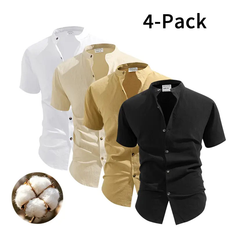 Men's 4 Pack Plain Short Sleeve Shirts, 100% Cotton Casual Button Down Tops with Stand Collar and Low Cut Neckline, Lightweight for Summer, Shortsleeve, Menswear, Excellent Gift Idea
