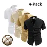 Men's 4-Pack Pure Cotton Plain Short Sleeve Button-Down Shirts - Chic Casual Stand Collar Low Cut Button Up Tops, Lightweight Beach-Ready Summer Wear, Ideal Party Menswear Gift