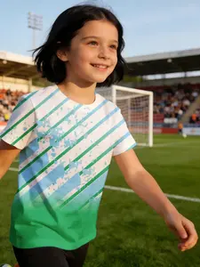 girl child jersey Diagonal Stripes Gradient Splash Pattern Green Blue White Breathable, light, and comfortable short-sleeve T-shirt Casual and comfortable, soft and breathable, versatile, cute, fashionable Comfortable training sports summer