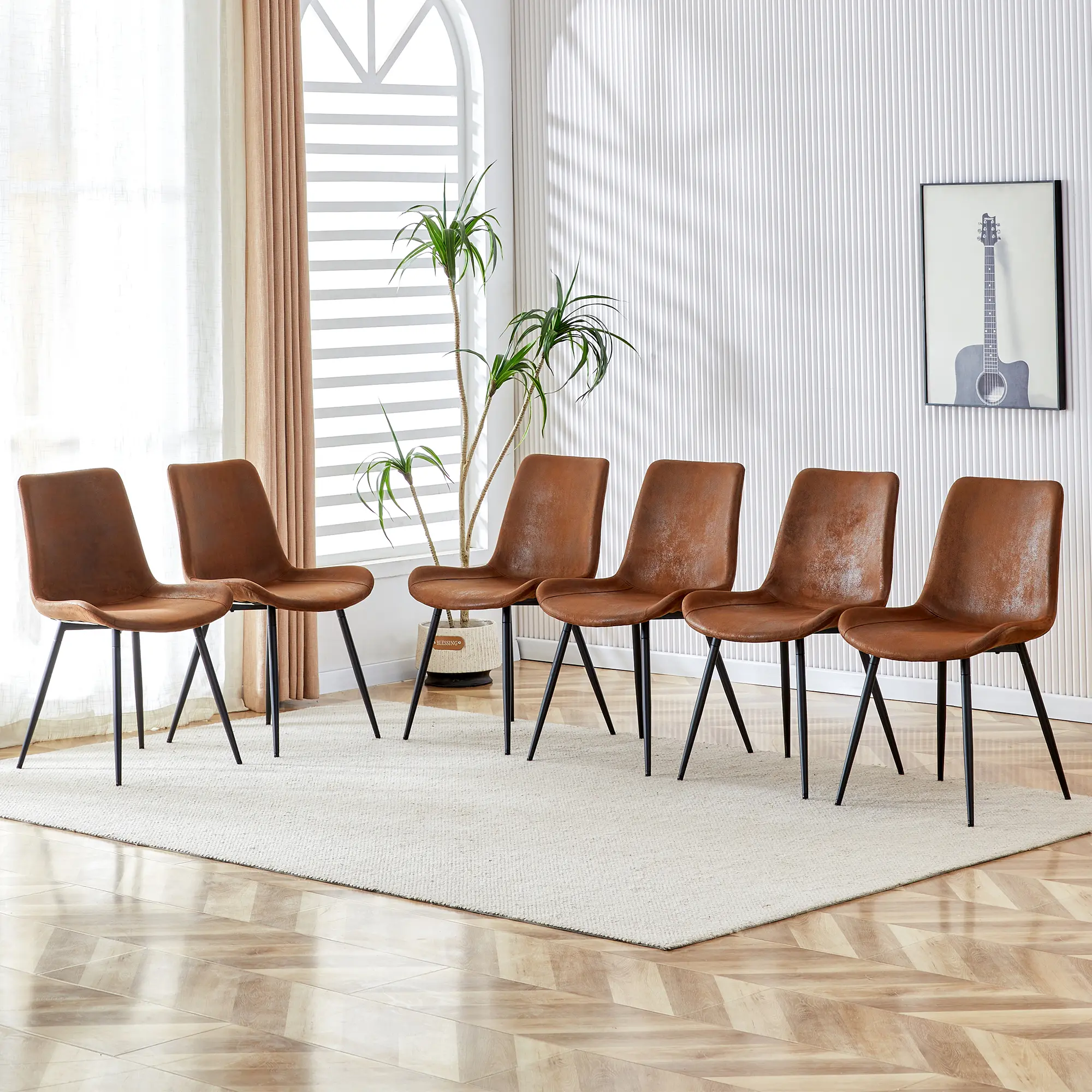 6-Piece Retro Industrial Suede Fabric Dining Side Chairs - Brown Suede Backrest, High Resilience Curved Widened Cushion, Black Metal Legs, Quick Setup, Suitable for Restaurants, Bedrooms