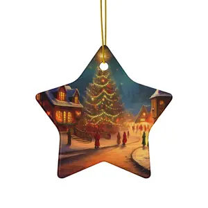 Magical Winter Scene Ceramic Ornament, Holiday Decor, Christmas Gift, Home Decoration, Tree Ornament, Star Shaped