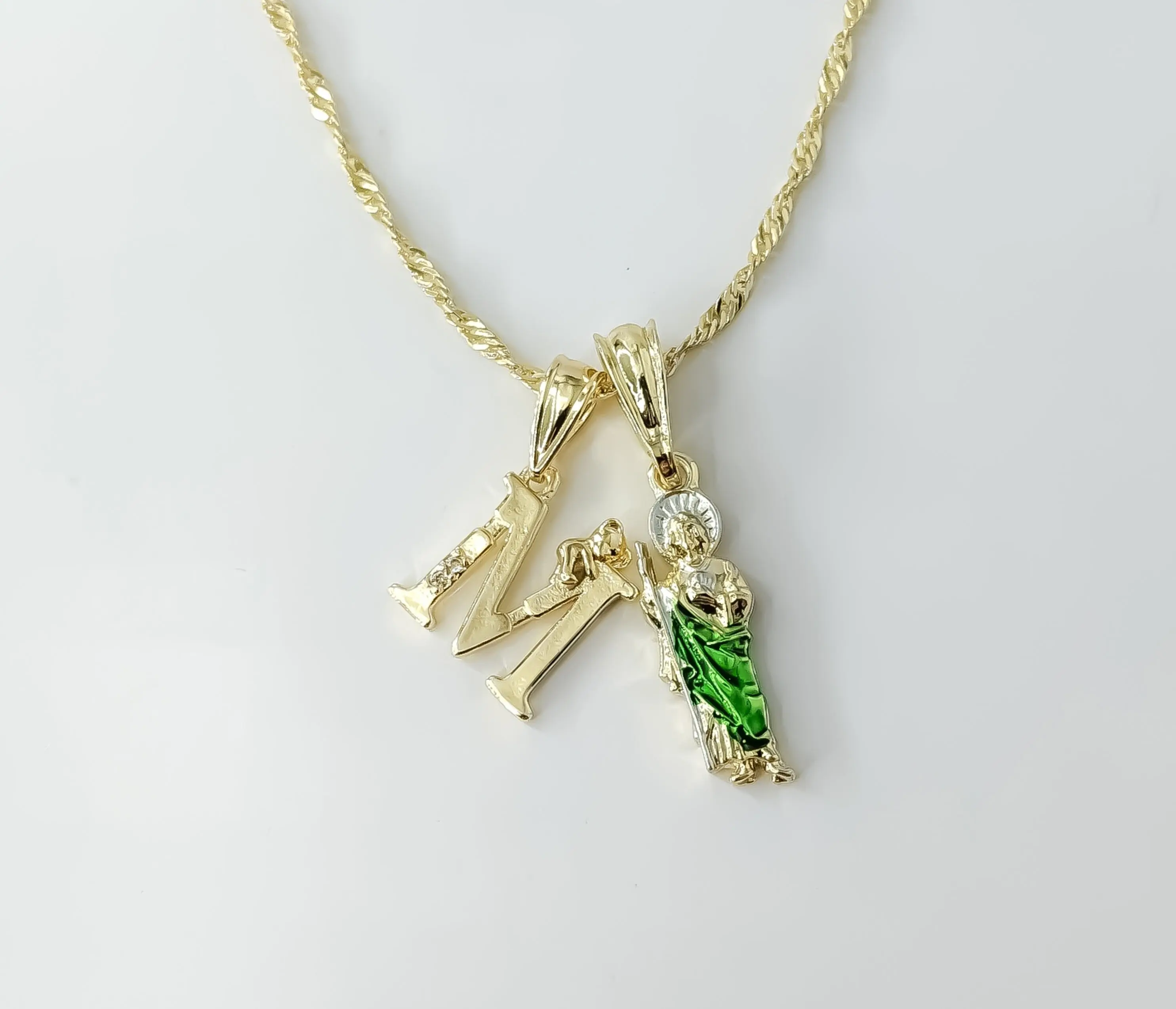 Plated Dainty Letter "M" Multicolor Saint Jude Double Pendants 14K Twist Chain Necklace