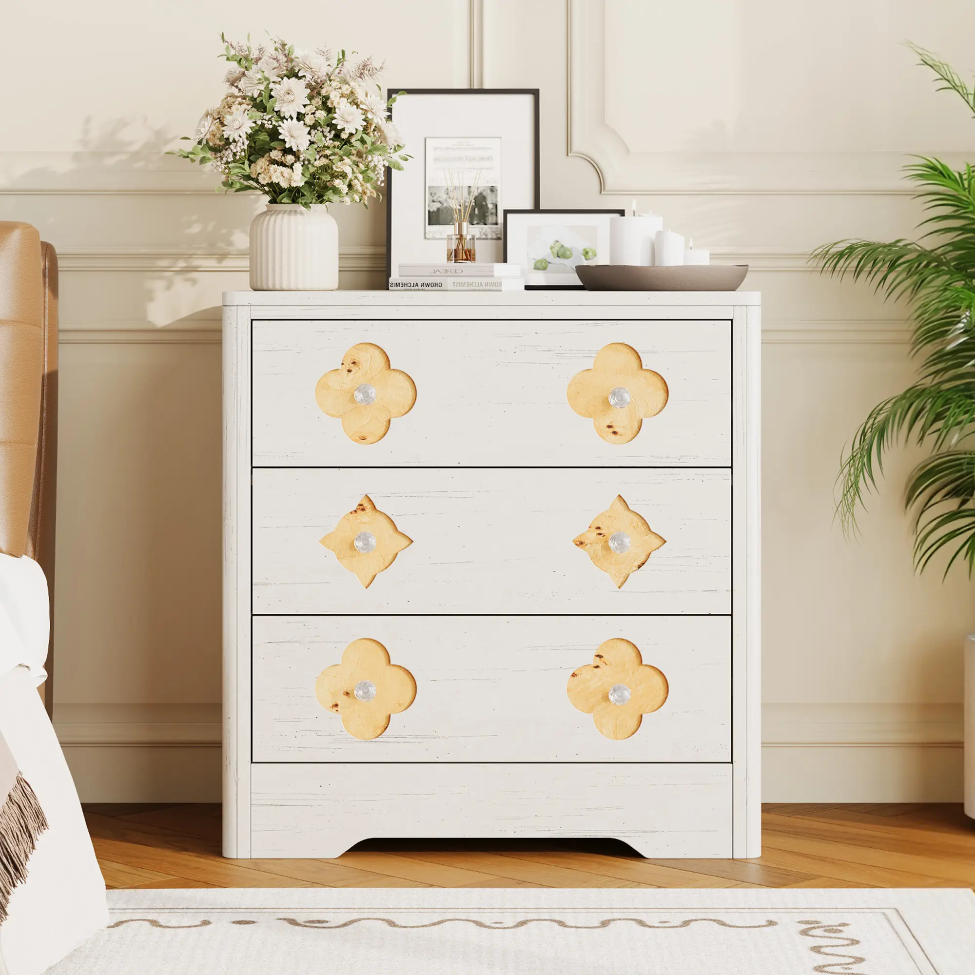 GARVEE Boho 5 Drawer Tall Dresser - 45'' Wooden Chest of Drawers with Decorative Rattan Front - Large Storage Cabinet for Bedroom, Living Room, Nursery, Hallway - White or Brown, 5-Drawer