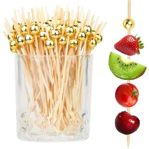 200PCS Cocktail Picks, Fancy Toothpicks for Appetizers, Decorative Skewers for Appetizers Drinks Party Fruit, 4.7 Inch Long Wooden Bamboo Gold Ball Food Sticks Charcuterie Boards Accessories