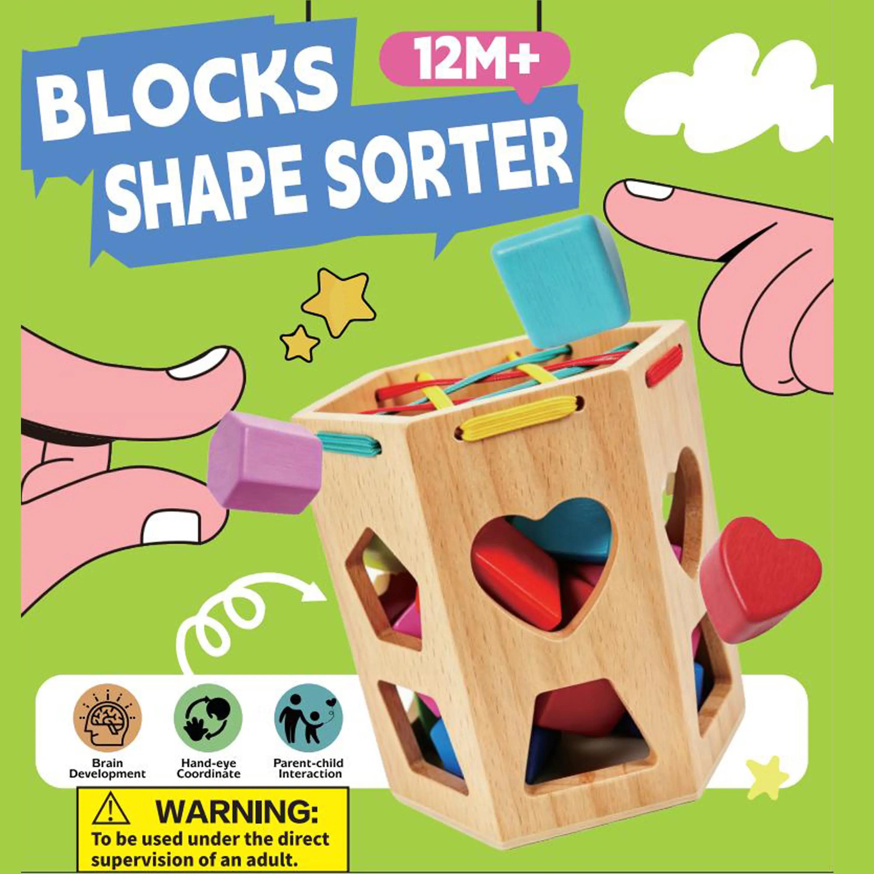 Wooden Stacking Toy Baby's First Blocks Set of 12 Shapes for Sorting Play for Infants Ages 12+ Months