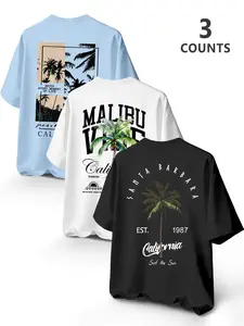 3 Counts California Tropical Palm Tree Graphic Tees - Breathable Casual 90s Retro Surf Aesthetic Short Sleeve Tops, Unisex Crewneck T-Shirts for Summer Beach Vacation & Streetwear