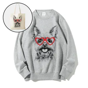 Oversized (Only 3XL-5XL) Sweatshirt+Bag Cute Dog with Glasses Sweatshirt – Adorable & Cozy Sweatshirt for Pet Lovers, Fun Graphic Design, Perfect for Casual Wear