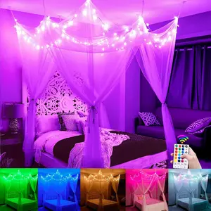 White Bed Canopy with Star Lights Girls Bedroom Christmas Decor, 8 Corners  Hanging Princess Canopy Bed Curtains 100 LED Colors Changing String Lights Remote Control for Full   Bed