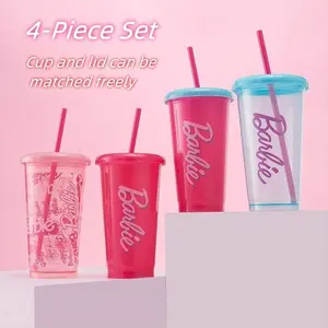 Barbie Daylight Shine Series 18oz Plastic Straw Cup Set -4 Pack,Portable Water Bottle,Great for Outdoor and Party, Daily Use Drinkware