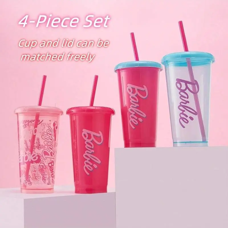 Barbie Daylight Shine Series 18oz Reusable Silicone Straw Plastic Tumbler Set - 4 Pack, Portable Beverage Drinkware for Outdoor, Halloween Use