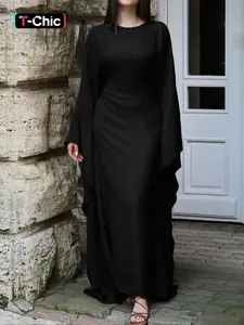 Women's Solid Color Loose-Fitting Batwing-Sleeve Long Dress, Casual Summer Woven Fabric Dress, Perfect for Relaxed Outings