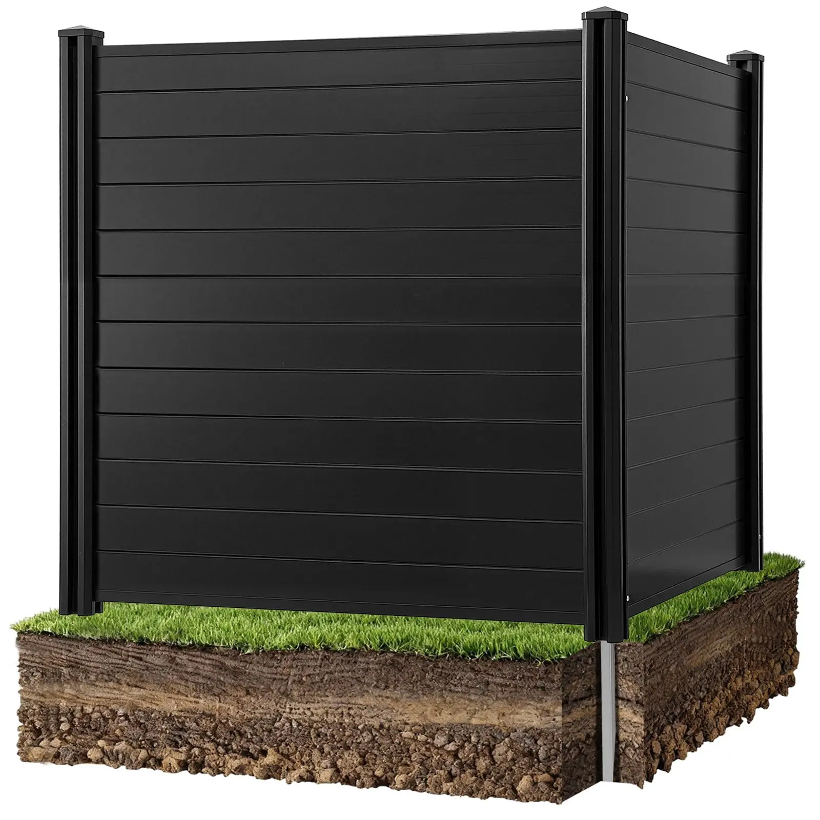 VEVOR 2-Panel Privacy Fence, 48x48in Weatherproof PVC Vinyl Fence Privacy Screen with Galvanized Metal Horizontal Slats, Includes 27.6in Ground Stakes, Easy-Clean Enclosure for Trash Can & A/C Units, Black