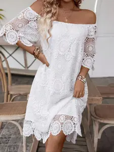 Women's Plain Floral Lace Off Shoulder Dress, Chic Elegant Sheer Hollow Out Dress for Party Holiday Wedding Guest, Ladies Gown Clothes for All Seasons, Formal Dresses Women, Womenswear, Chic Gown, Semi Formal Wedding Attire, Western Wedding Dress