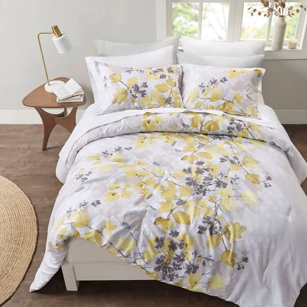Full-Size Alexis 360-Stand Comforter Set - 80x90x1.5in Yellow Floral-Leaf Print Modern Botany Bedding, Bedsheet Sets, Fitted Sheets, Side Pockets, Dustproof, Machine Washable, Decorative Bedroom Linens for Cozy Dream Room Setup