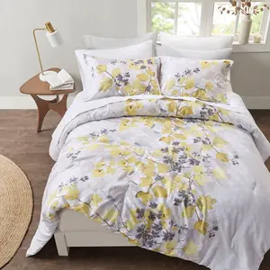 360 Stand Full-Size Alexis Comforter Set - Bedding Sheets, Fitted Sheets, Floral Print Blanket, Leaf Print, Modern Botany Design, Side Pockets, 80x90x1.5in Yellow Linens