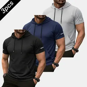 3-Pack men's lightweight outdoor hooded T-shirt, made of smooth mesh fabric, suitable for morning runs and hiking tripsRAIMENTRY