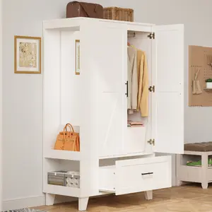 IRONCK 67" Tall Wardrobe Closet with Mirror and Drawer, Wood Bedroom Armoire Cabinet with Side Shelves and Hooks, White