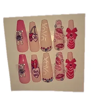Valentine’s Cherry Inspired Press On Nails - Pink, Red & Beige with Heart & Kiss Designs