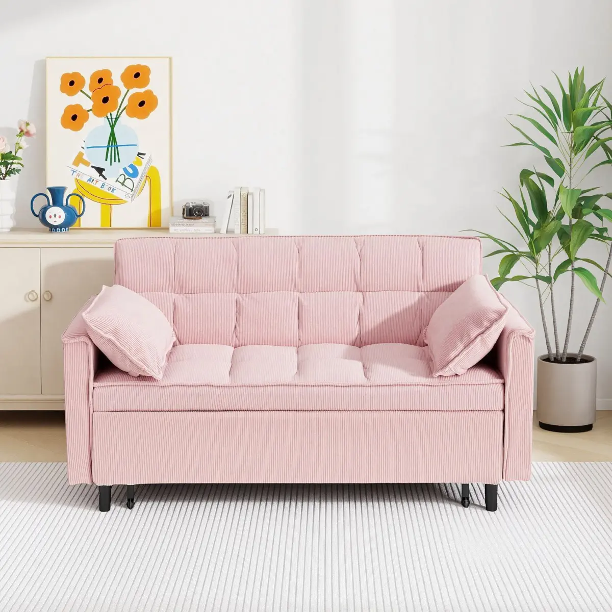 54.3" Corduroy Convertible Sofa Bed, Pull Out Sleeper Loveseat Sofa with Foldable Bed, Comfortable Small Couch for Living Room, Apartment & Guest Room