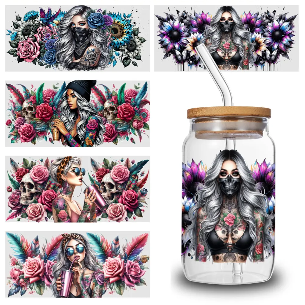 5 Sheets Floral Skull uv dtf transfer sticker Religious UV DTF Transfer Stickers for Glass Cups Decorative Floral Plastic Self-Adhesive Labels Positive Affirmations series graffiti