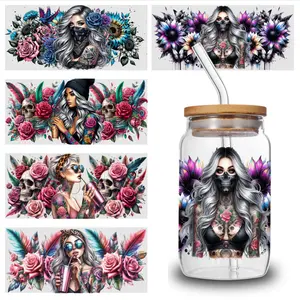5 Sheets Floral Skull uv dtf transfer sticker Religious UV DTF Transfer Stickers for Glass Cups Decorative Floral Plastic Self-Adhesive Labels Positive Affirmations series graffiti