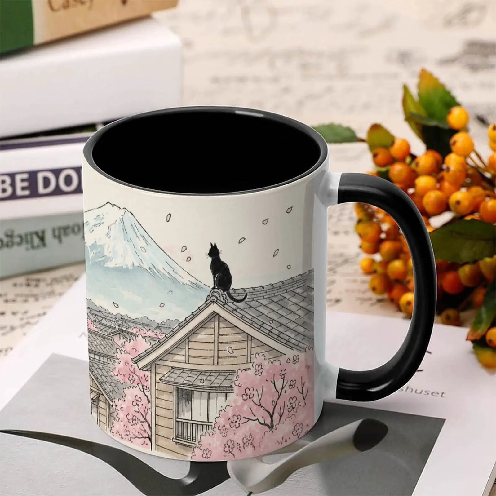 Nature-Inspired Sakura Village Ceramic Cat Mug - 0-500ml Durable Drinkware with Handle, Mount Fuji Scene, for Daily Use