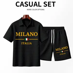 Men's 2-Piece Milano Italia Printed Polo Shirt & Shorts Set - Solid-Colored Textured Fabric, Breathable, Comfortable, Classic Zippered Collar, Stylish Everyday Outfit