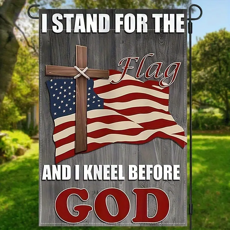 【4thofjuly /fourthofjuly】Patriotic "I Stand the National Flag and Kneel Before God" Garden Flag - Suitable for courtyard, porch, or front door decoration, porch decoration | Patriotic design | Durable outdoor flag, American flag decoration