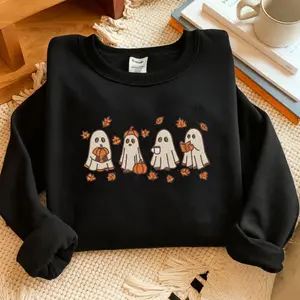Embroidered Spooky Fall Sweatshirt, Vintage Halloween Pumpkin Spooky Season Sweater, Ghost And Pumpkin T-shirt, Halloween Gifts