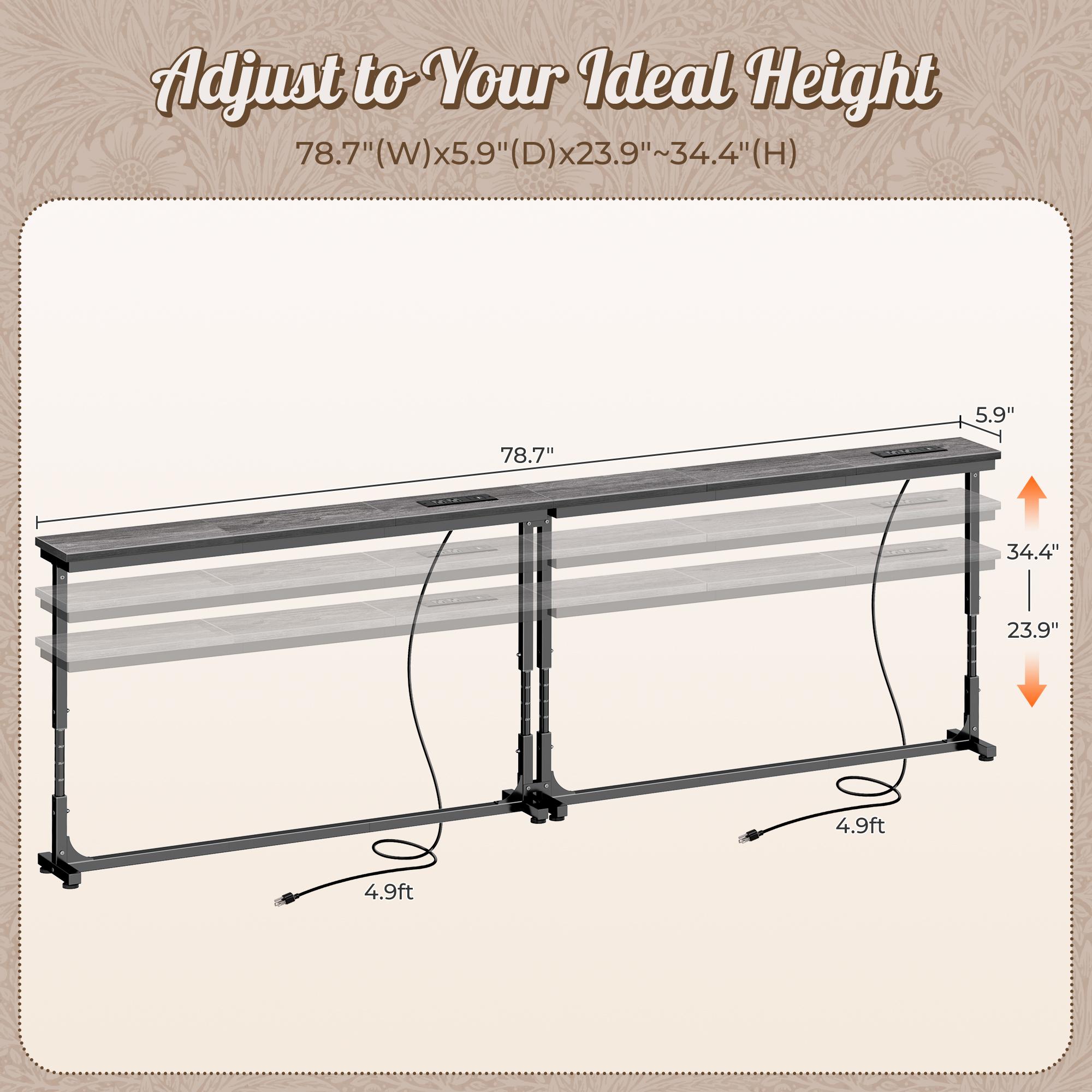 Huuger 78.7/39.4/51.2/102.4/110.2 Inch Behind Couch Table with Power Outlets, 23.9’’-34.4’’ Height Adjustable Range, Sofa Tables Narrow Long with USB-C Ports, Skinny Console Table