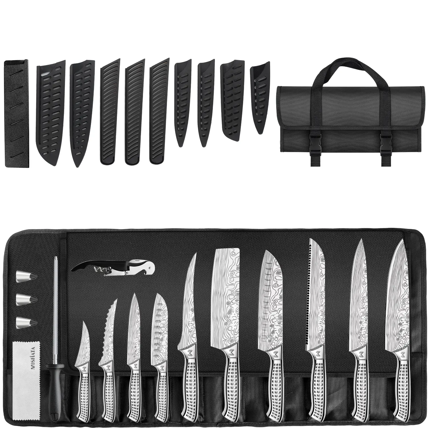 MOSFiATA 17-piece kitchen knife set - Japanese stainless steel kitchen knives, equipped with an Oxford cloth storage bag and knife sharpening rod. It can be washed in the dishwasher and is suitable for outdoor use.