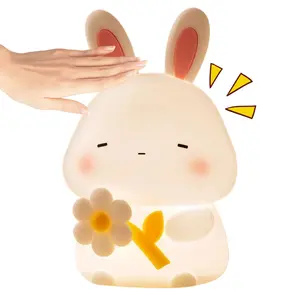 Cute Flower Rabbit LED Night Light, Adjustable Timer Kawaii Lamp, Ultra Soft Silicone USB Rechargeable Touch Control Night Light