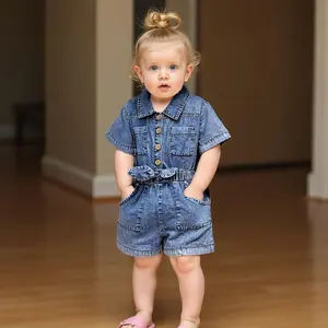 Toddler Girl Denim Jumpsuit Short Sleeve Button Down Romper Jean Overalls Shorts Kids Summer Clothes Baby Denim Set