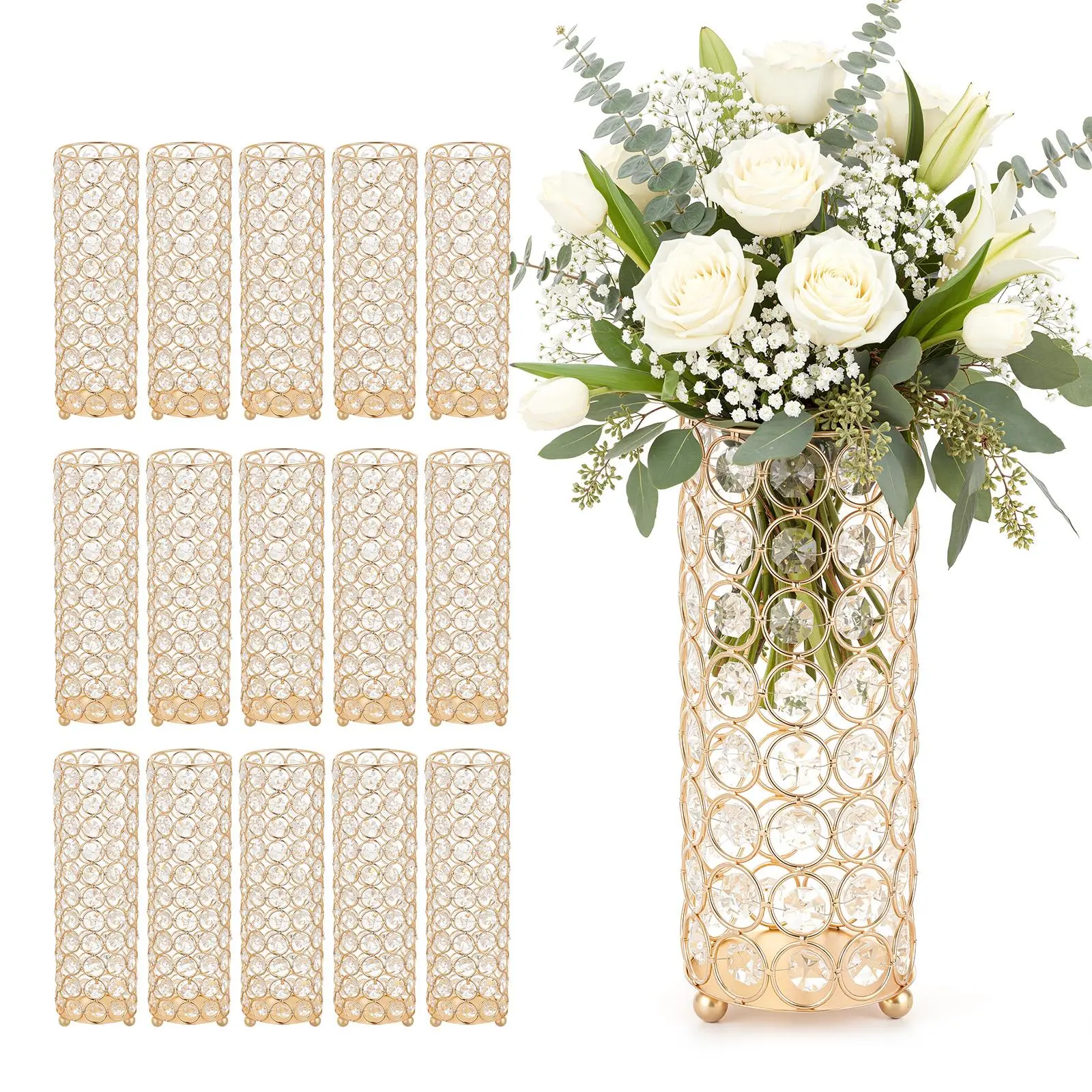 【SummerFinds】VEVOR 16 PCS Crystal Wedding Flower Vase, 10.24 in Tall Flower Table Centerpieces, Crystal Cylinder Banquet Vases Easy Installation, Versatile Arrangement Stand for Party Events Room Home Decor, Gold