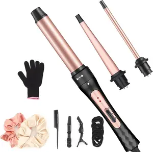 Curling Iron Wand Set, Curling Wand 3 in 1 Hair Curling Wands Interchangeable Ceramic 0.35-1.25inch Barrel Hair Curler, with Heat Resistant Glove for Gifts for Women