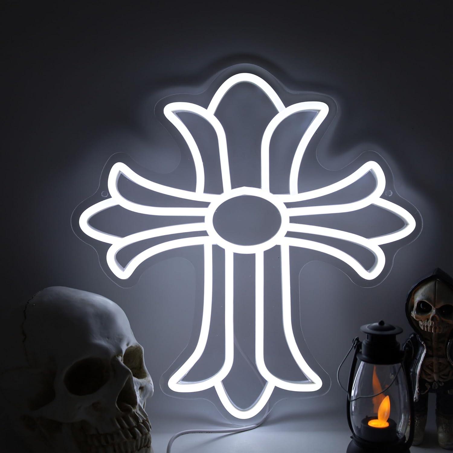 Chrome Hearts Style Cross Neon Sign -Crucifix Decor White LED Wall Decor, Gothic Luxury Inspired Light for Bedroom, Man Cave & Aesthetic Room (12.6"x9.9")