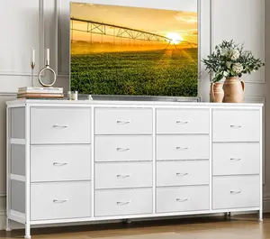 White 63 inch White Wood Metal TV Stand with 14 Fabric Drawers and Power Outlet for Bedroom and Living Room