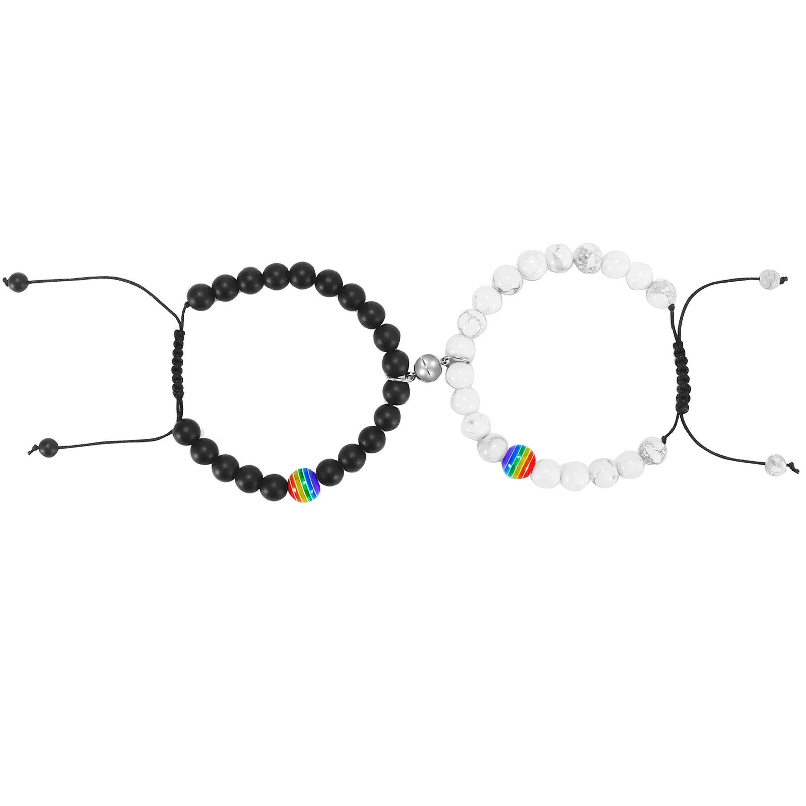 OIDEA Couples Magnetic Bracelet Set, Rainbow White Stone Black Matte Beaded Distance Bracelets, Pride Friendship Stretch Bracelet Gift