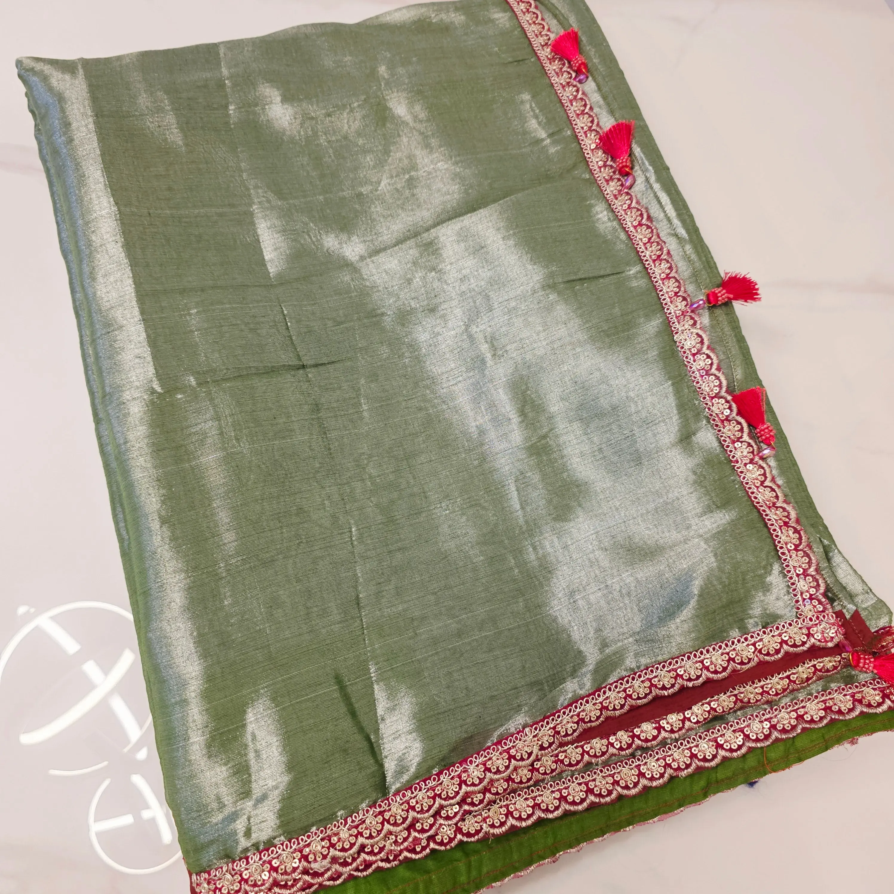 Reyavogue Women's Green Color Tissue Linen Saree With Floral Blouse