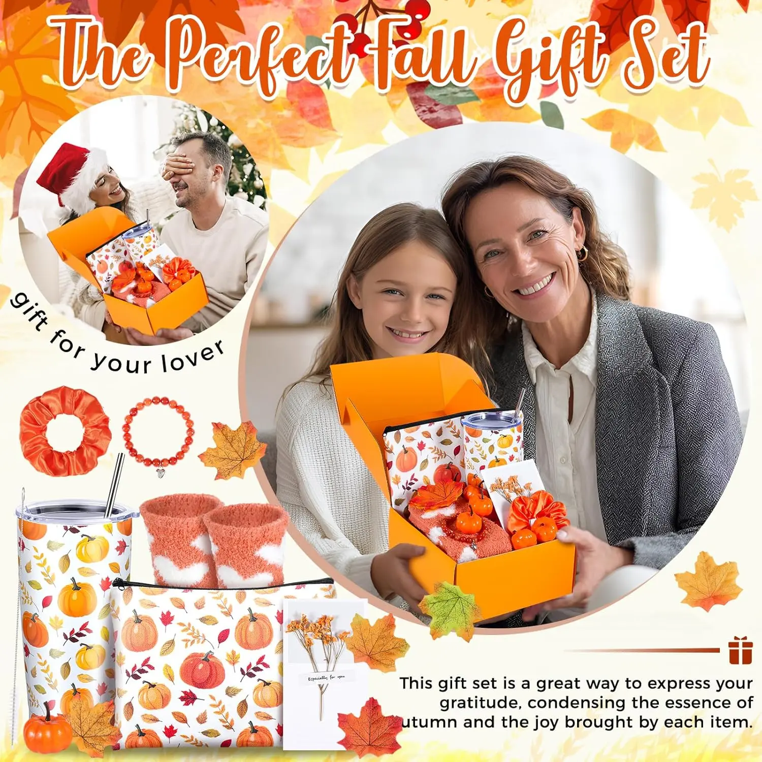 Fall Halloween Gifts for Women, Orange Autumn Punpkin Gift Basket Sets, Fall Birthday Gifts with Stainless Steel Insulation Tumbler Cosmetic Bag Fuzzy Socks