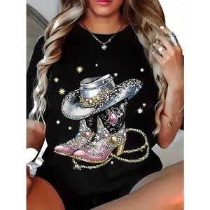 Rhinestone Cowgirl Boots And Cowboy Hat Graphic Tee Women Oversized Short Sleeve Crewneck Soft Casual Western Country Concert Outfit Streetwear Top