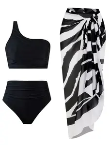 Three-piece Set Women's Ruched Bikini Set, Casual Solid Asymmetrical Hem Swim Bra & Swim Panty & Zebra Stripe Print Cover Up Skirt Set, Ladies Swimsuit for Beach Holiday Vacation
