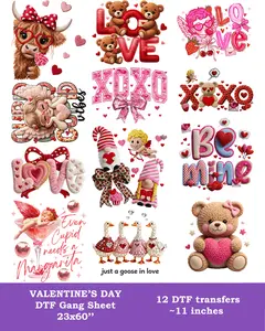 Valentine's Day DTF Gang Sheet 12 Ready To Press Transfers 23x60 Full Color Printing Same Next Day Shipping for Crafting