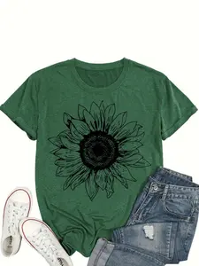 【Plus Size】 Sunflower Print Round Neck Tee, Casual Short Sleeve Crew Neck T-shirt for Daily Wear, Women Plus Clothing for All Seasons, Top